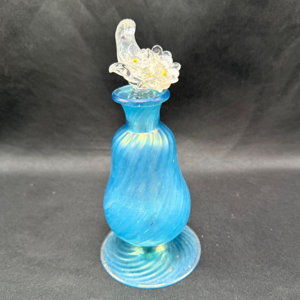 Blue Iridescent Art Glass Perfume Bottle with Flower Stopper and Wand 6.5"